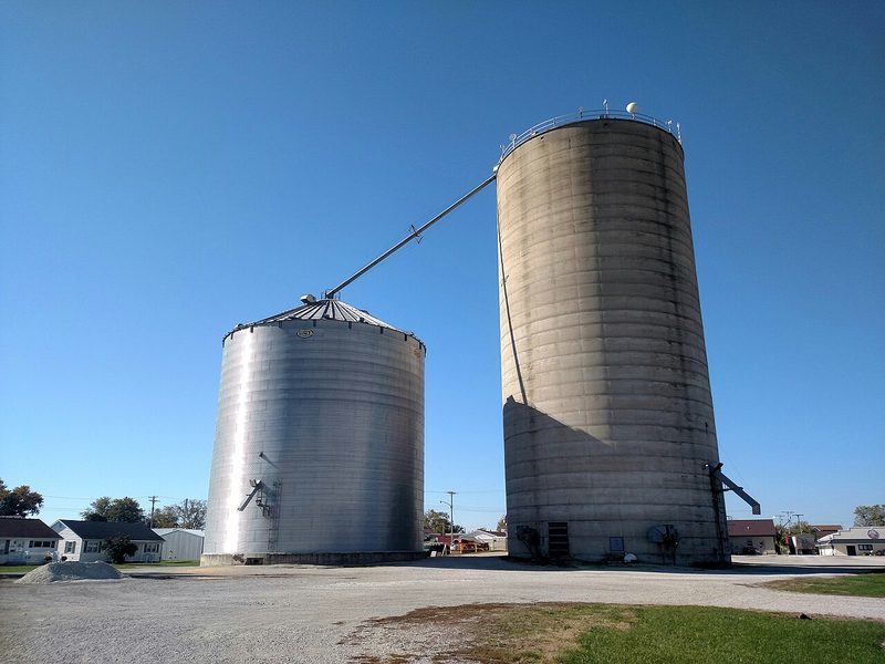 Grain silos at an agricultural storage facility